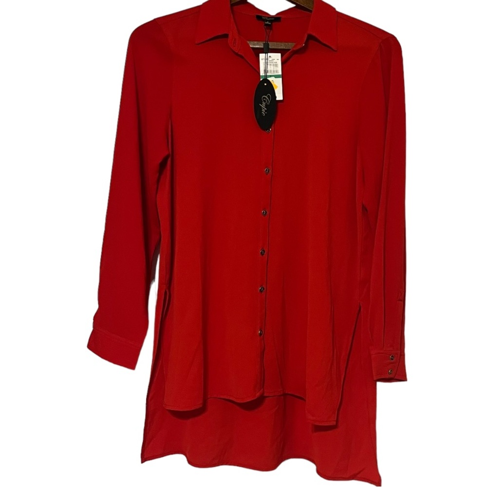 Cupio Red Button-Front Long Sleeve Tunic Blouse - Picture 2 of 11